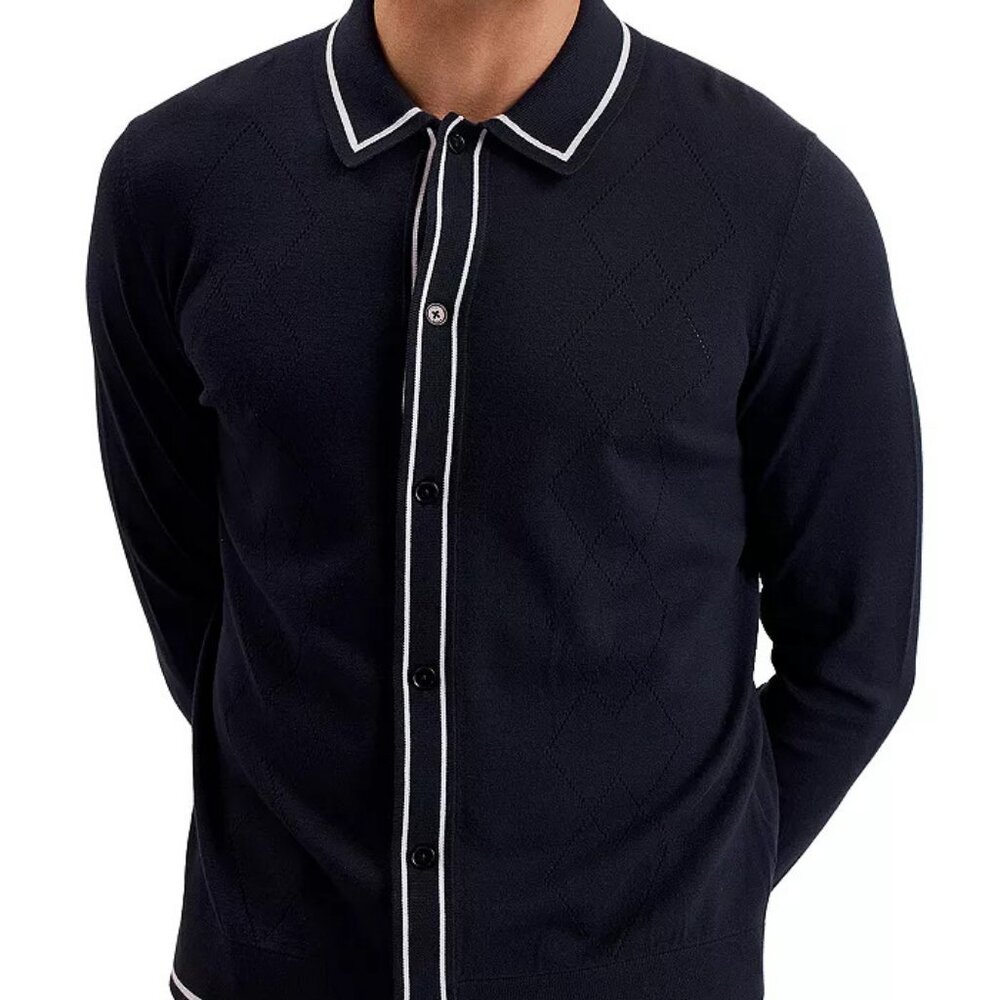Ted Baker Men's Elmdon Diamond Stitch Long Sleeve Navy Shirt-USA Large (4) -NWT